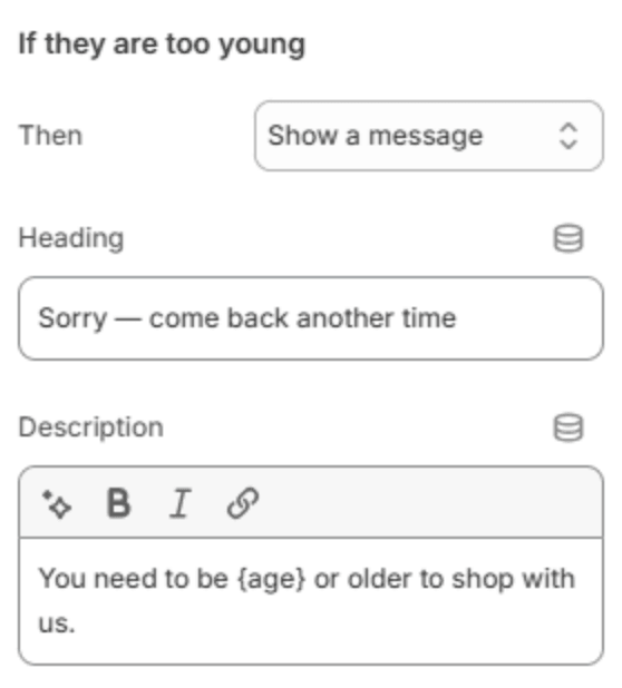Settings for visitors who are too young