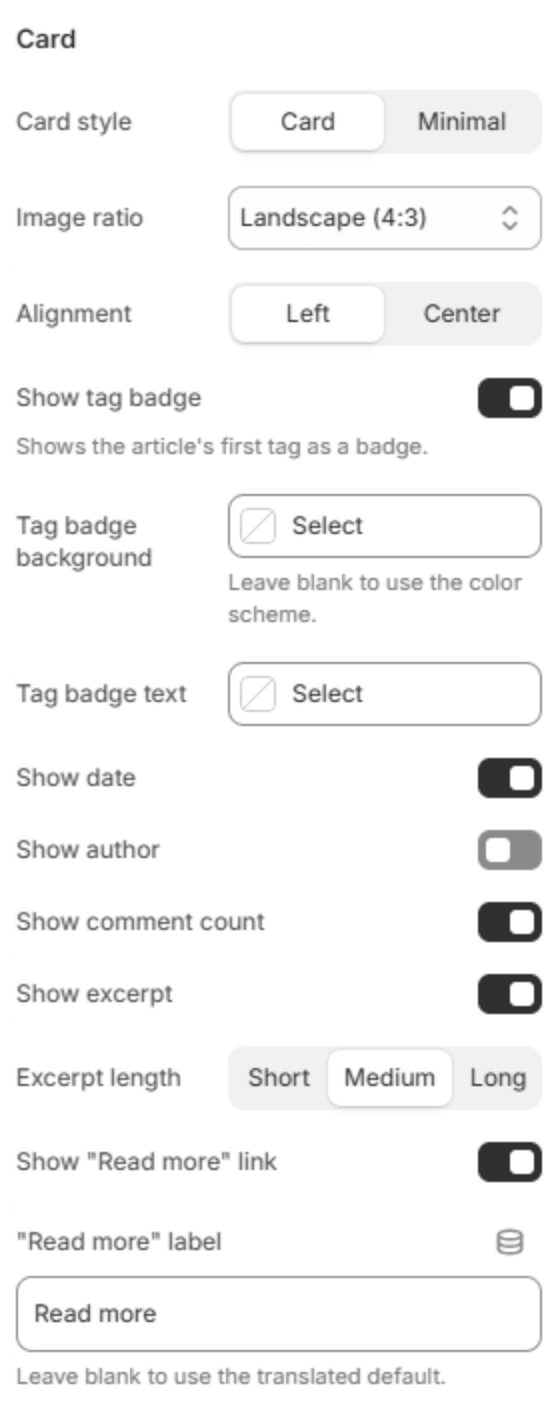 Card settings