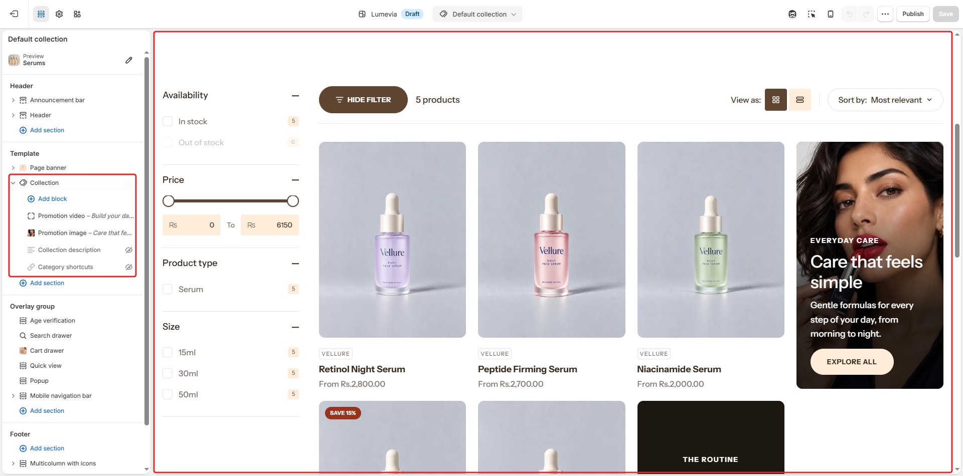 The Collection section in the theme editor
