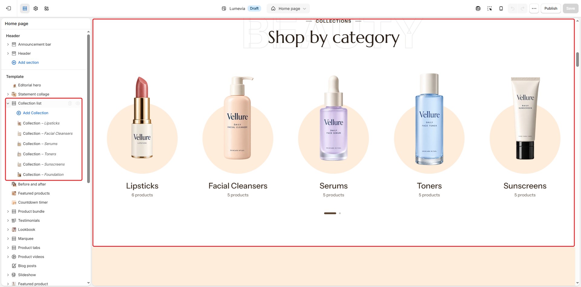 The Collection list section in the theme editor