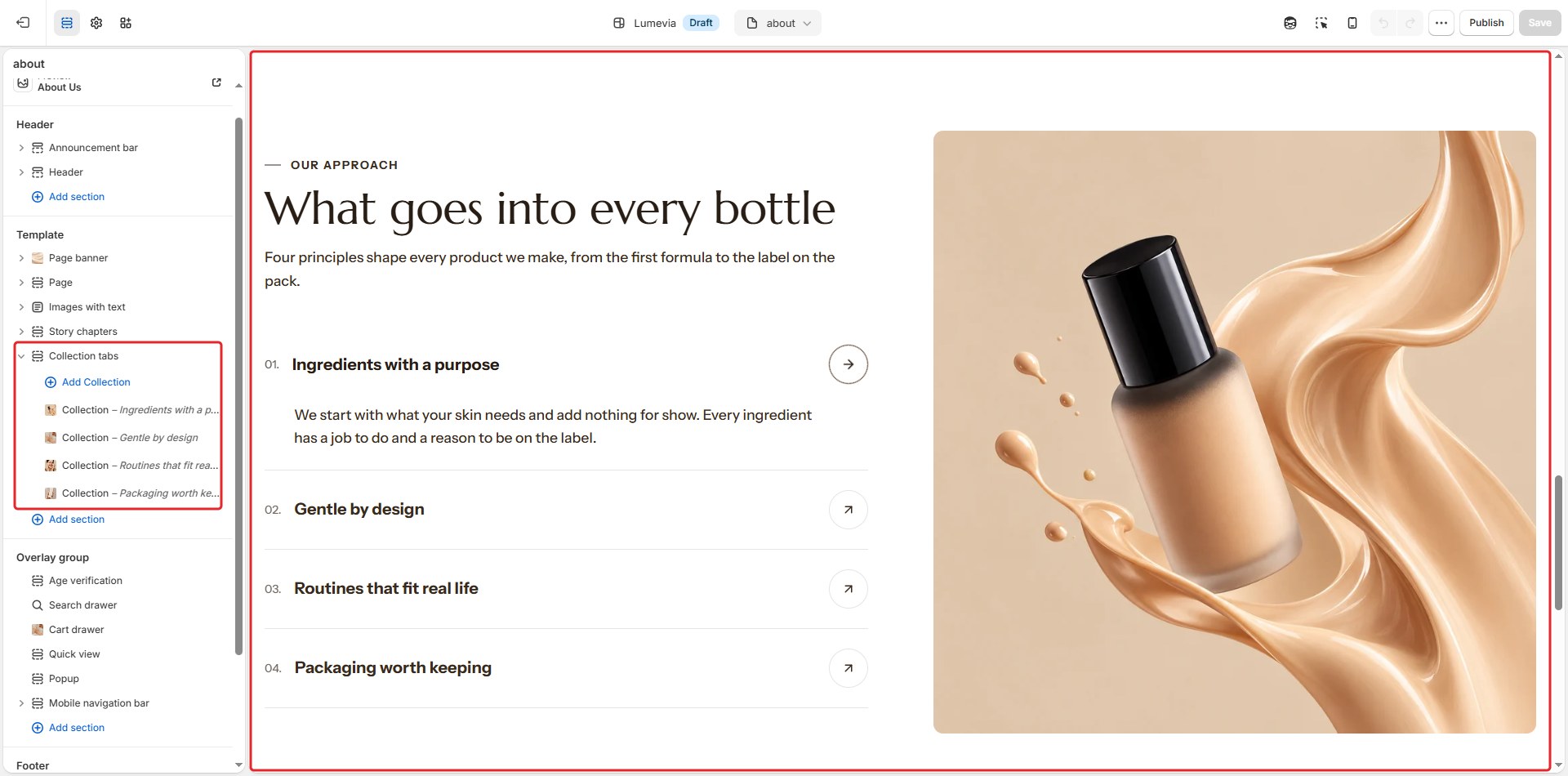 The Collection tabs section in the theme editor