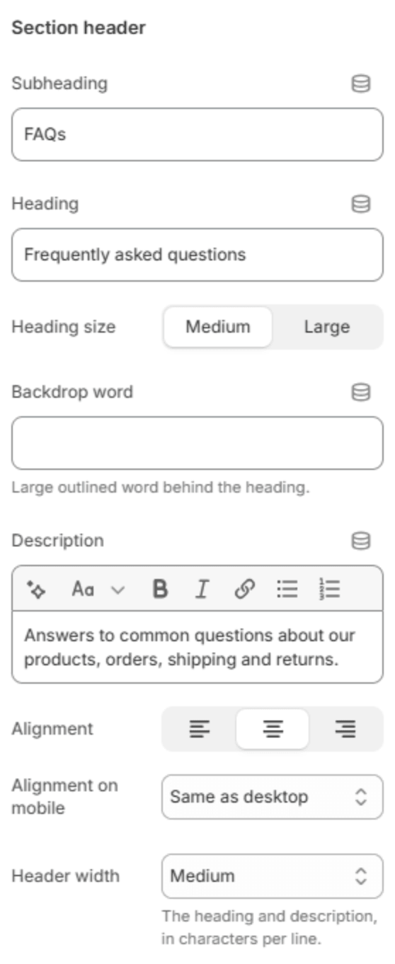 Section header settings