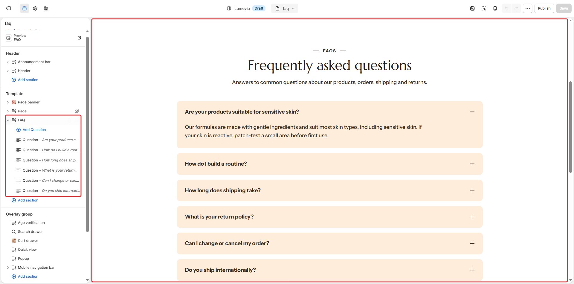 The FAQ section in the theme editor