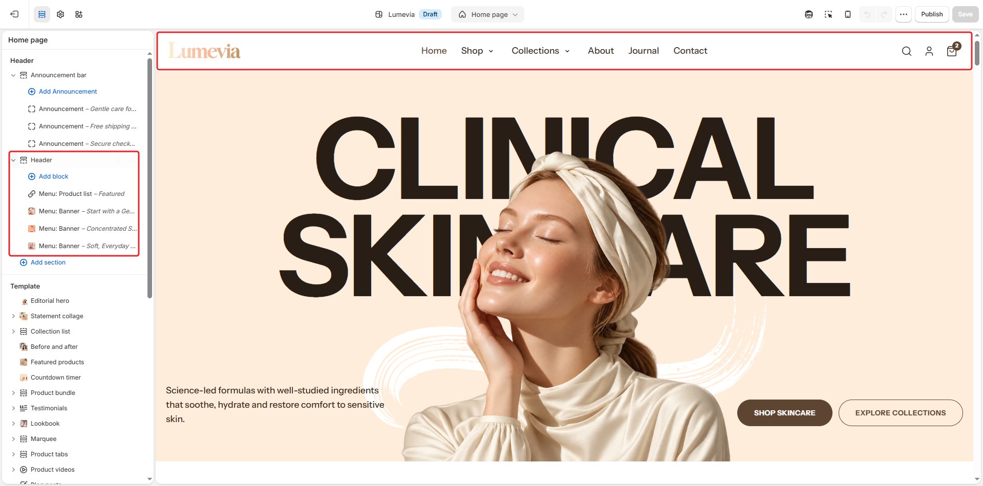 The Header section in the theme editor