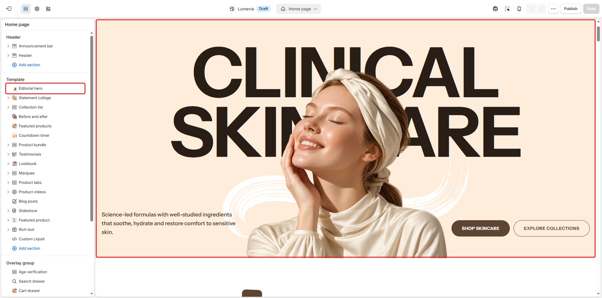 The Editorial hero section in the theme editor