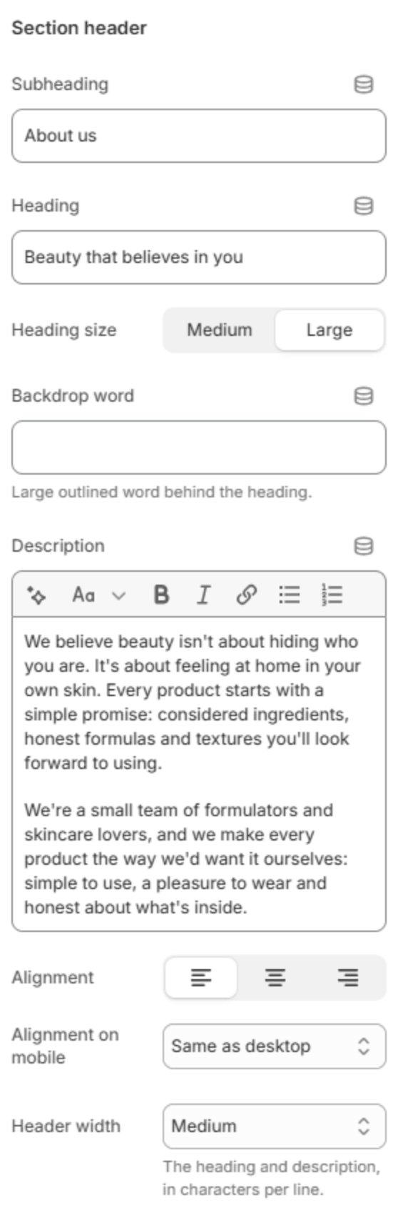 Section header settings