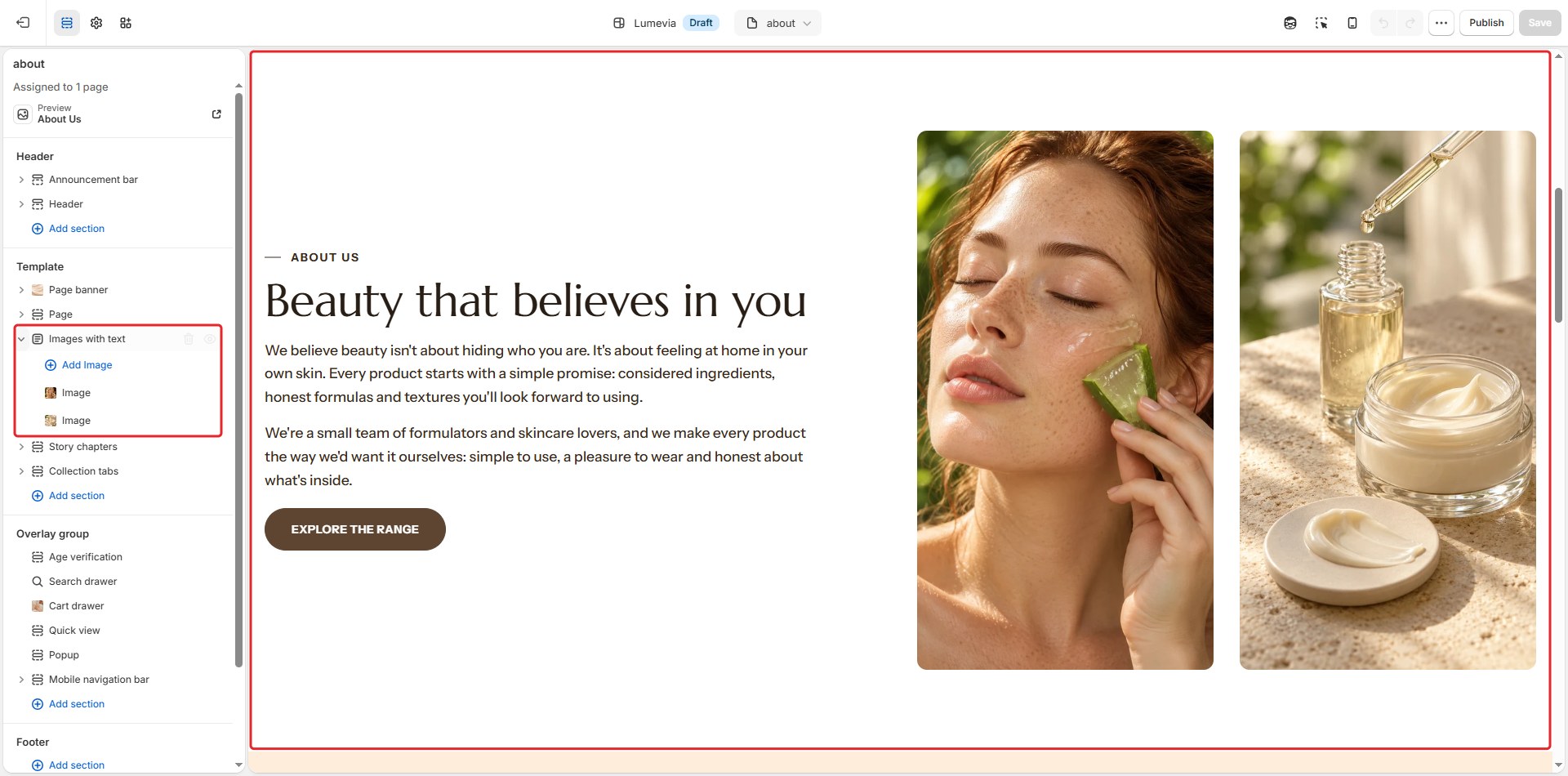 The Images with text section in the theme editor