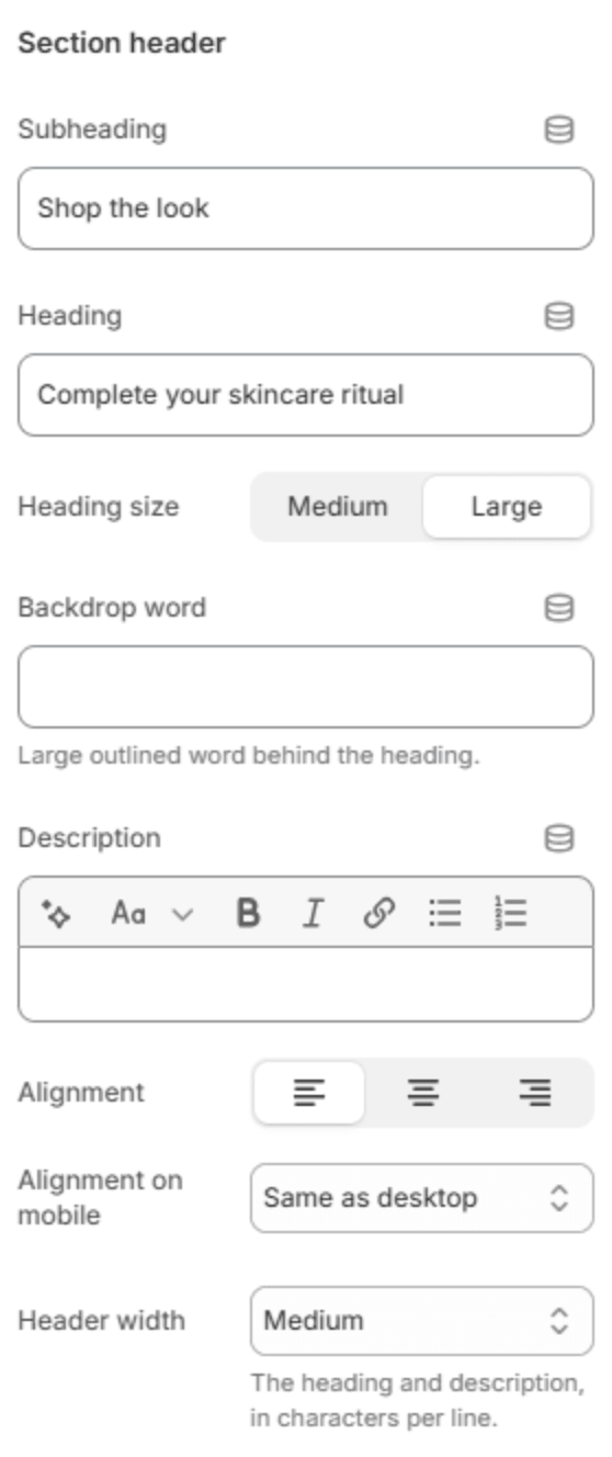 Section header settings