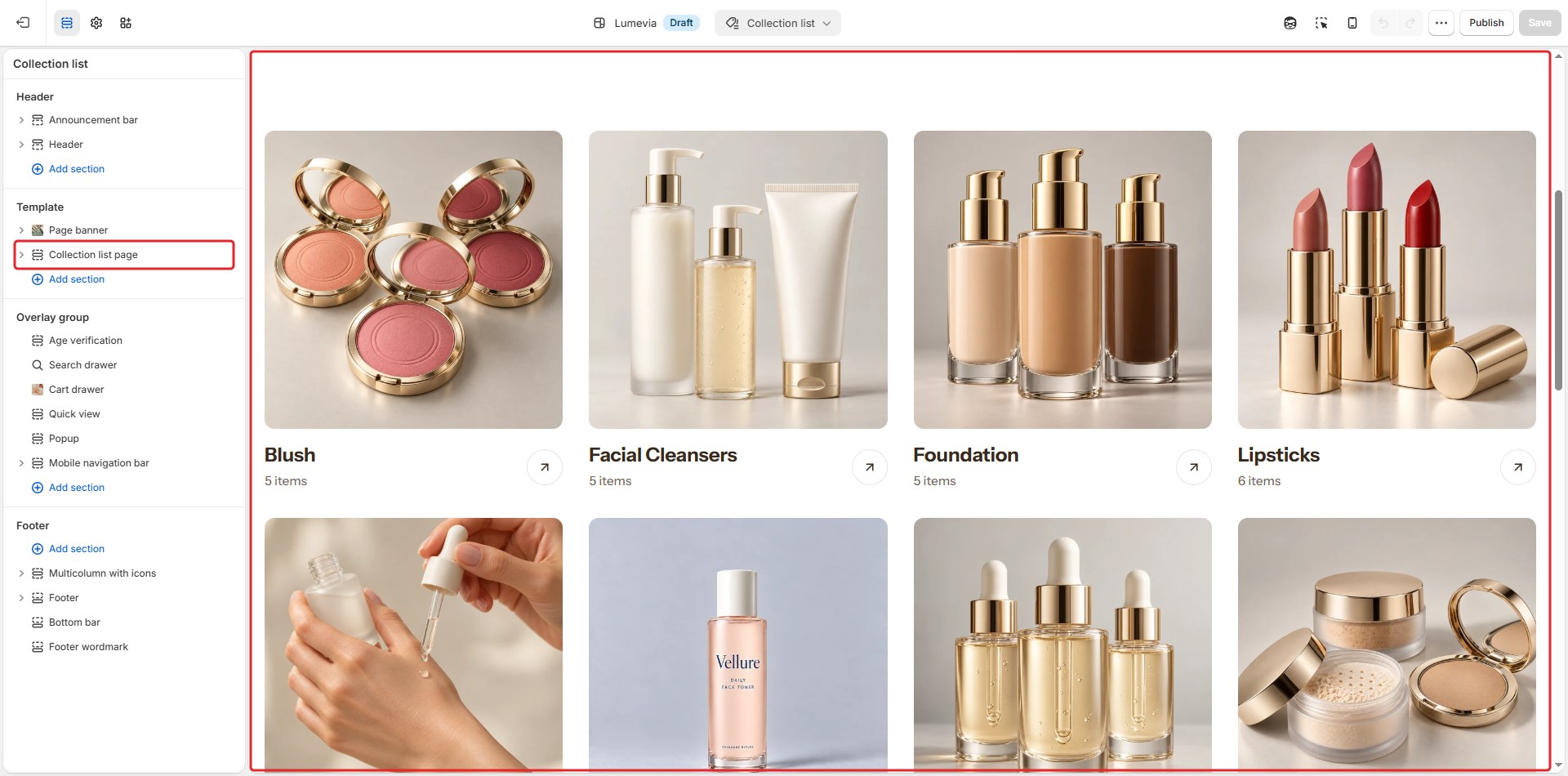 The Collection list page section in the theme editor