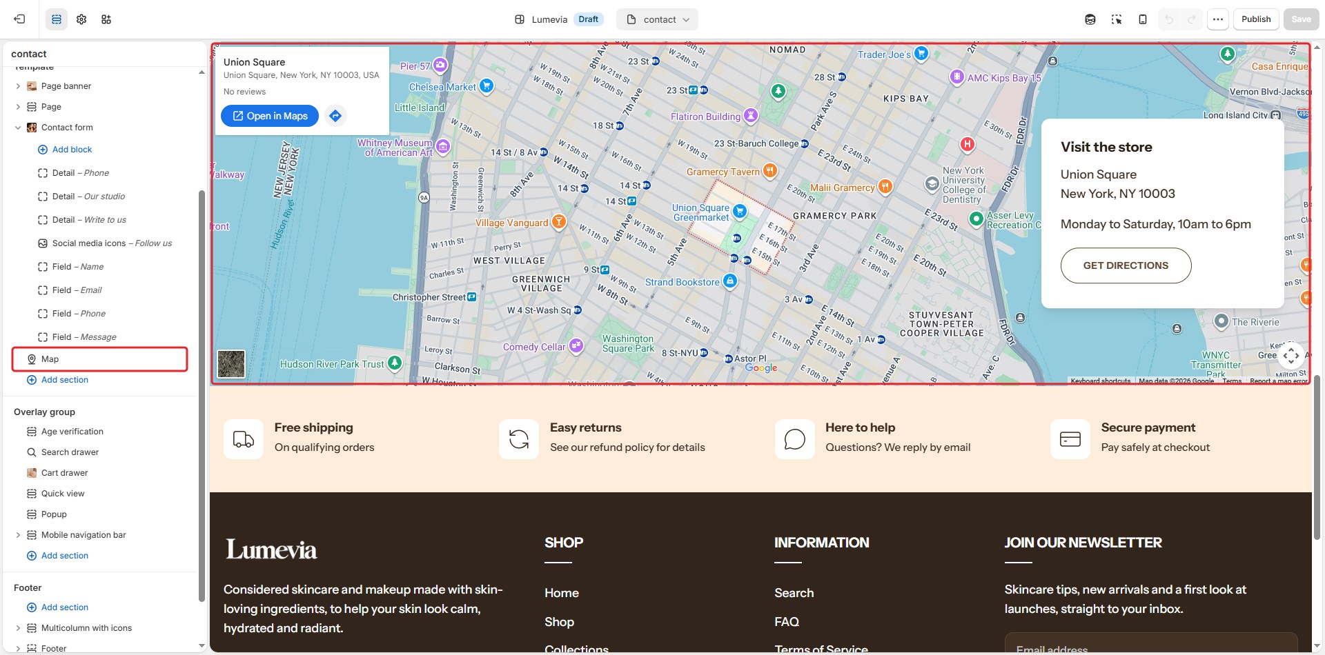 The Map section in the theme editor