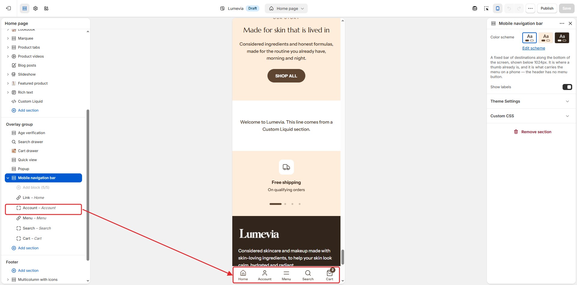The Mobile navigation bar section in the theme editor's mobile view