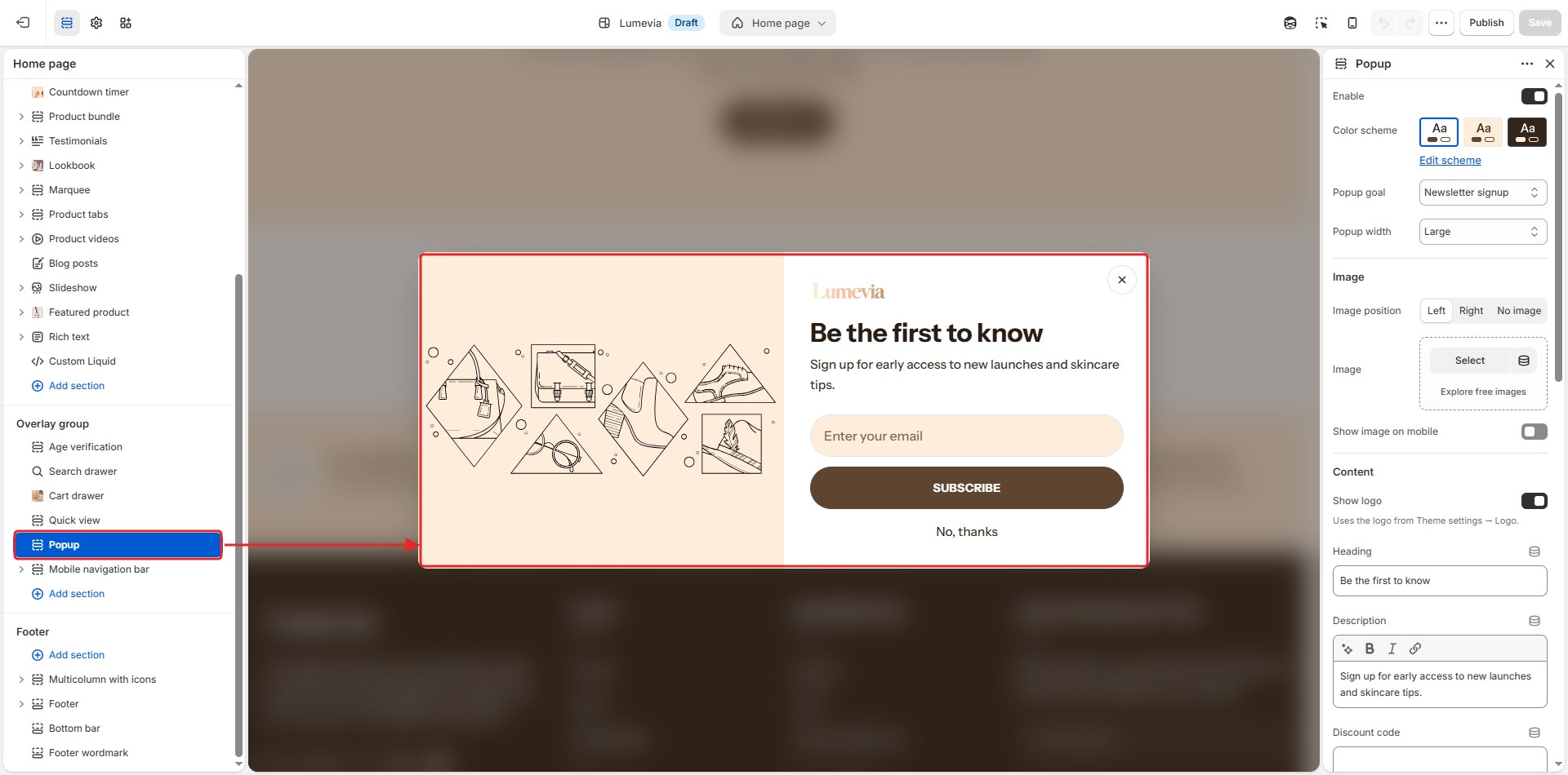 The Popup section in the theme editor