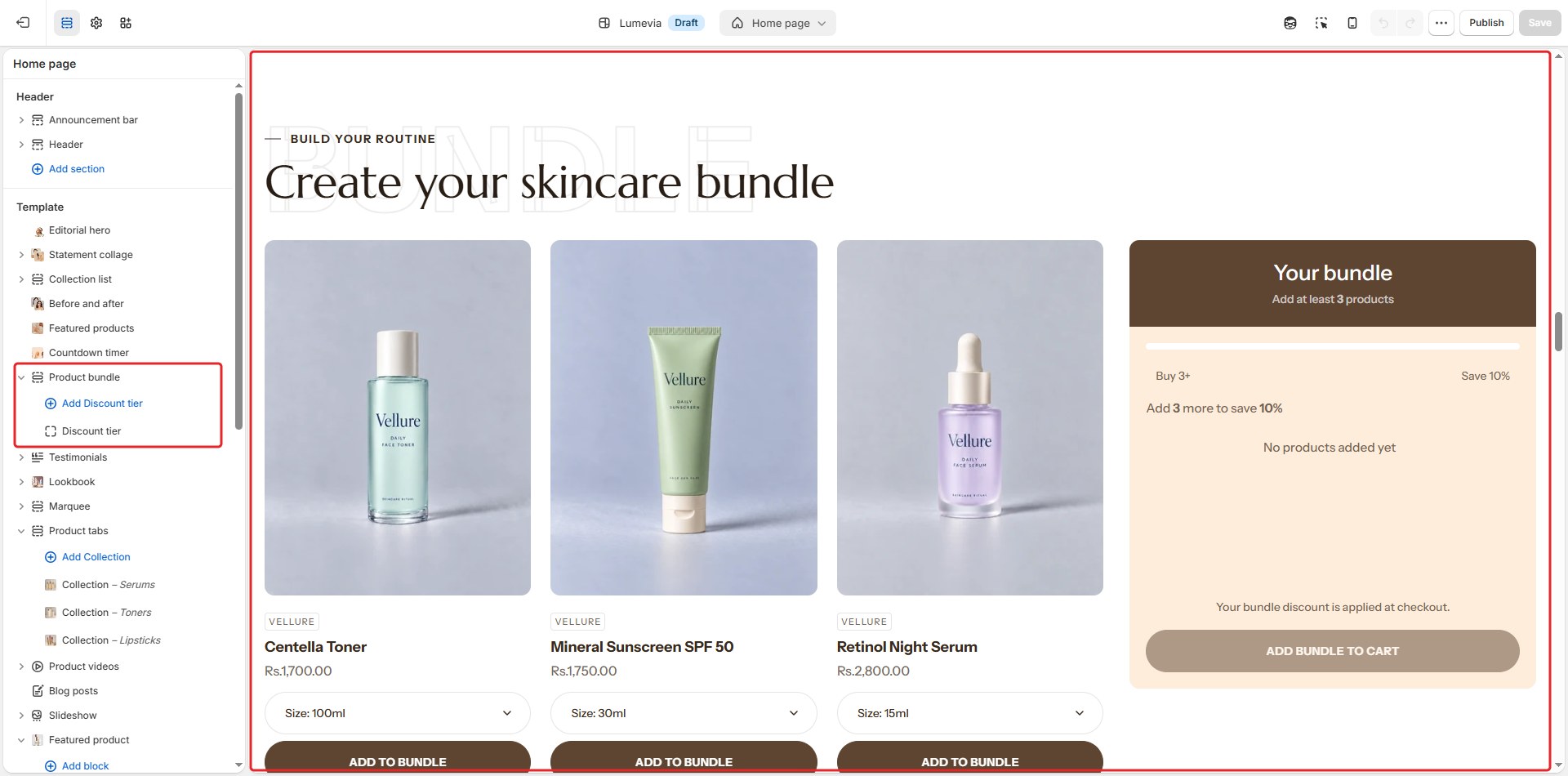 The Product bundle section in the theme editor
