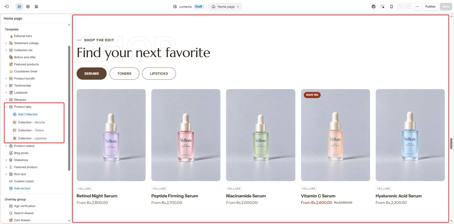 The Product tabs section in the theme editor