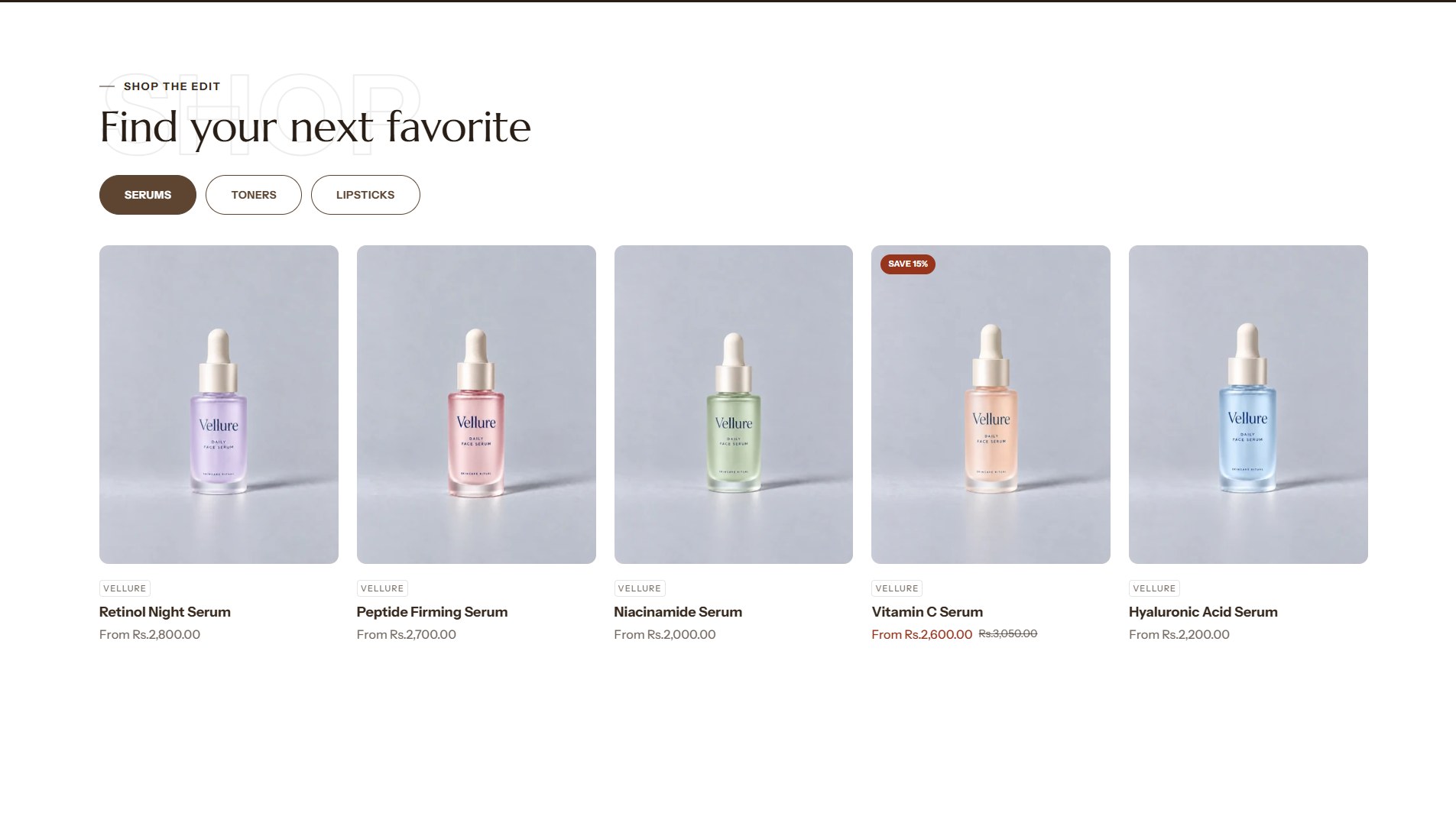 The Product tabs section on the home page