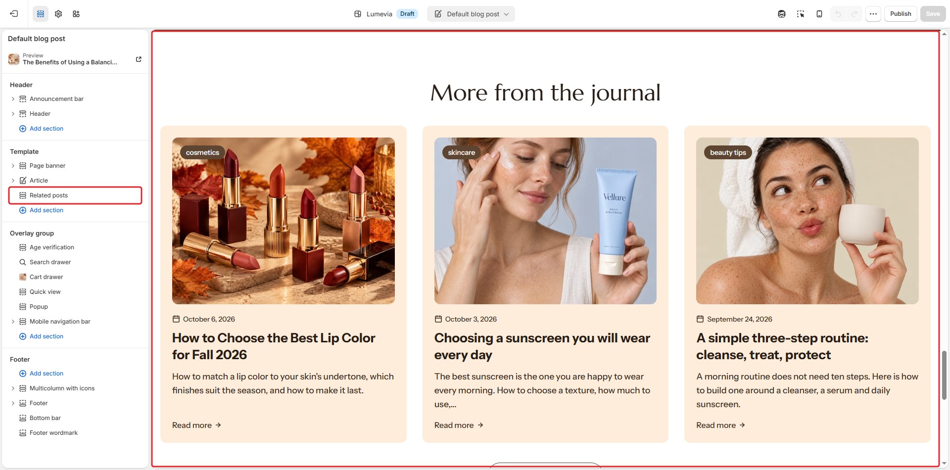 The Related posts section in the theme editor