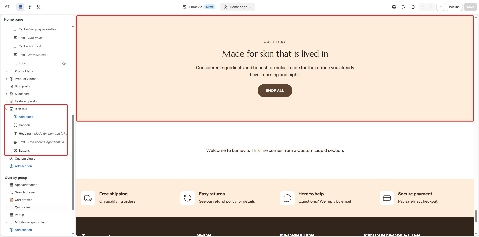 The Rich text section in the theme editor