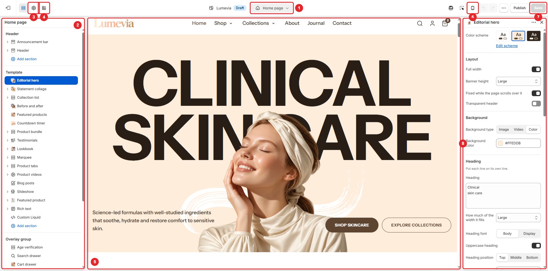The theme editor with its parts numbered
